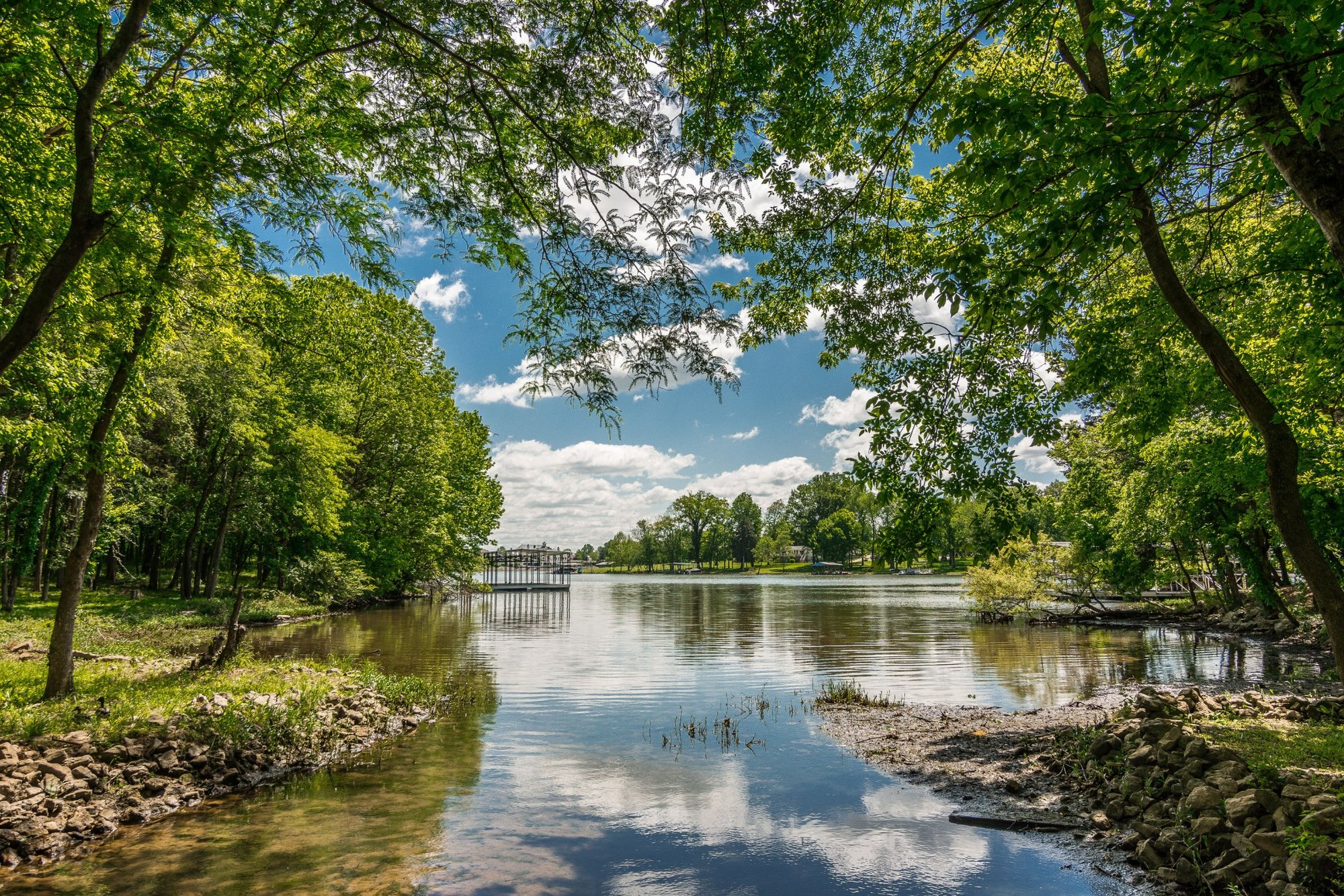 Cumberland River near Lebanon Tennessee framed by lush green trees in summer