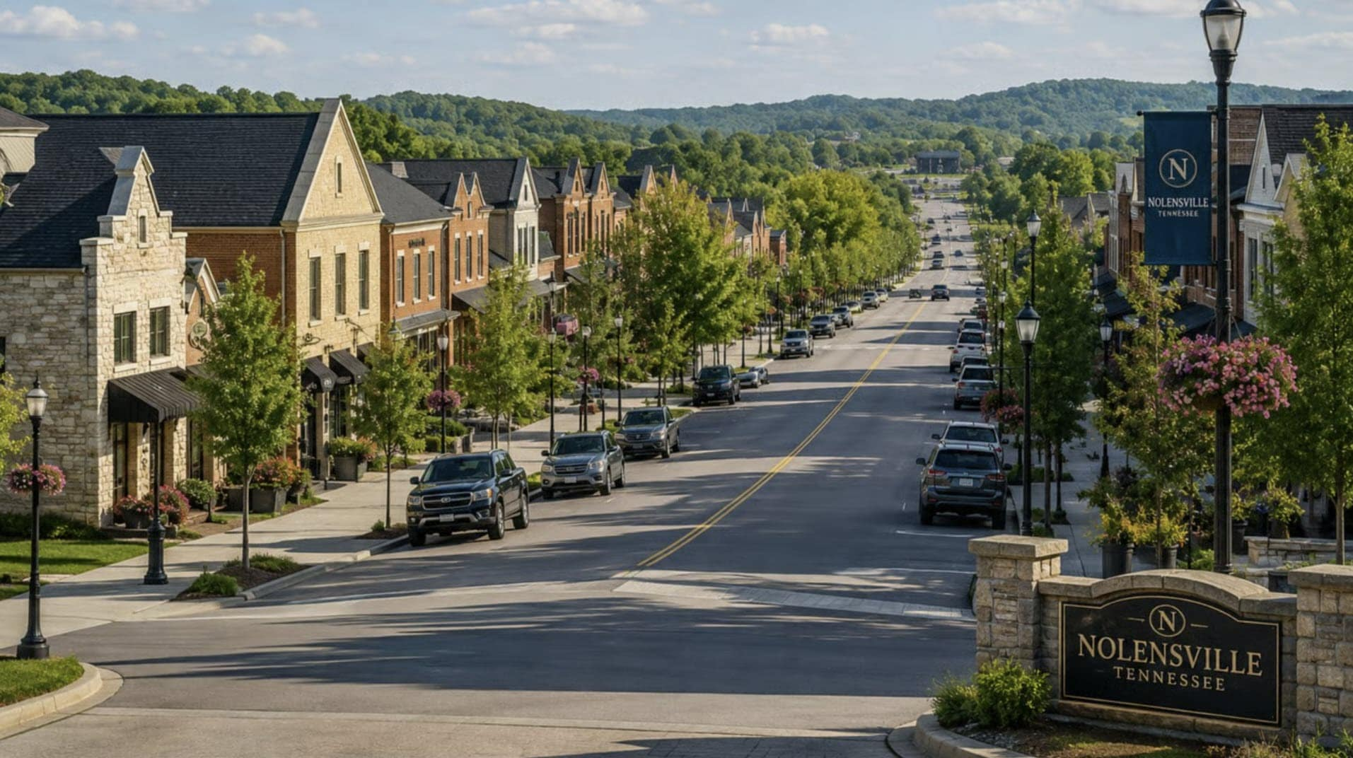 Nolensville Tennessee town center with welcome sign and tree-lined main street